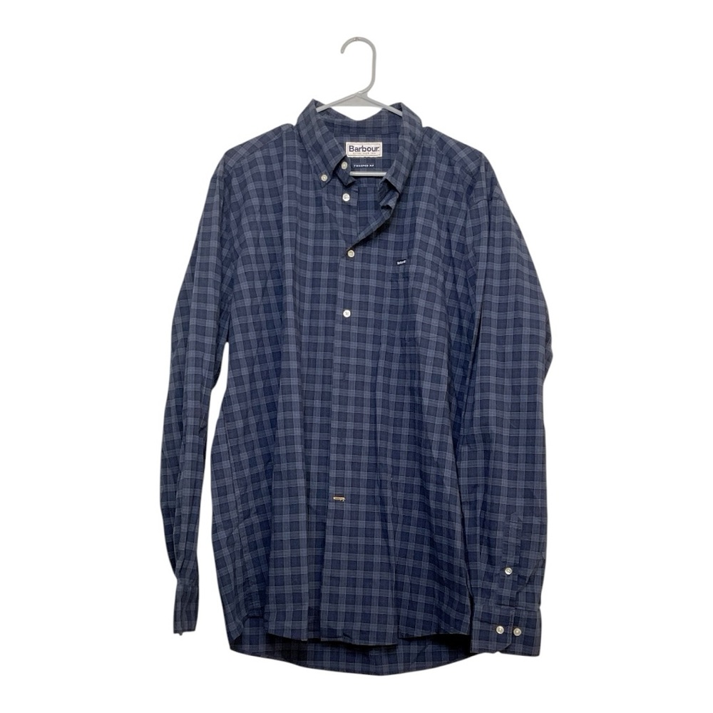 Men’s Barbour blue checkered long sleeve button-up, size XL